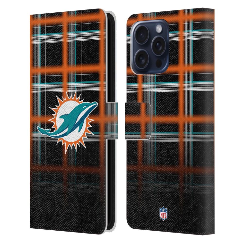 MIAMI DOLPHINS（NFL） マイアミドルフィンズ マイアミドルフィンズ - Ombre Black Plaid レザー手帳型 / Apple iPhoneケース 【公式 / オフィシャル】